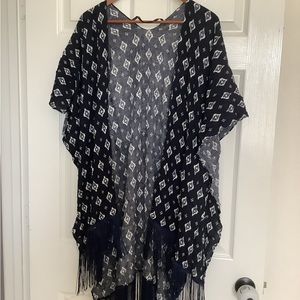 NWT BP Nordstrom Wrap Kimono Cardigan Navy White Ikat Fringe OS